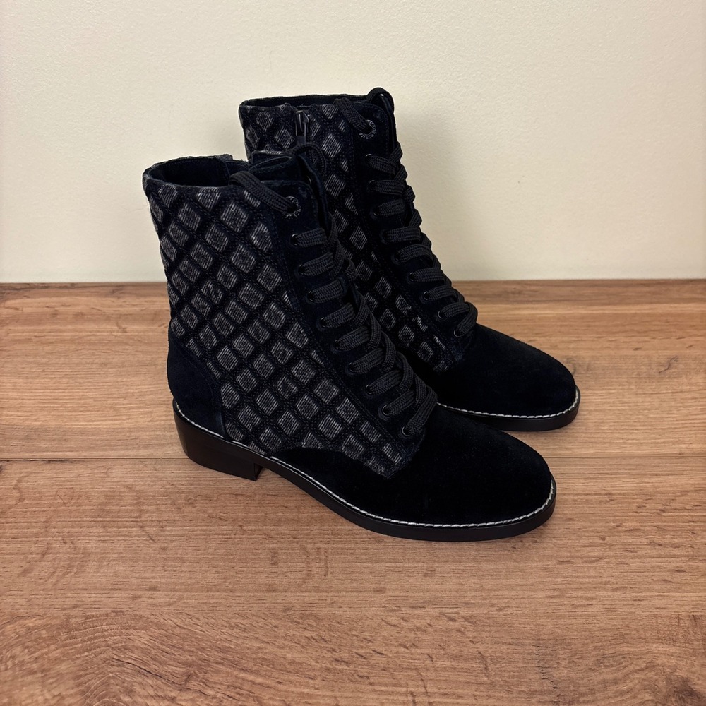 L'AGENCE Desiree Combat Boot Black Denim Women Size 5.5 Lace Up Suede Low Heel